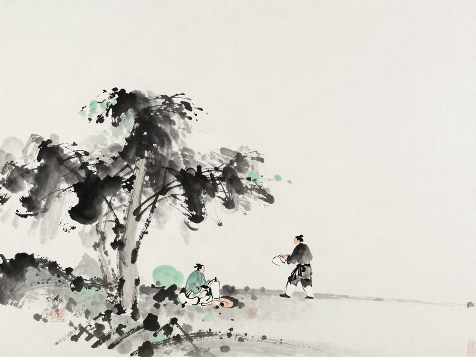 Ink wash painting: A ruler planting a tree whose shade he will not sit in, the general beside him watering it.