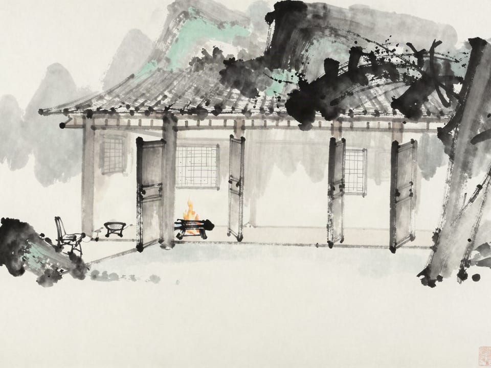 Ink wash painting: A fire lit at a hearth, five doors leading from the room, plans sketched for each.