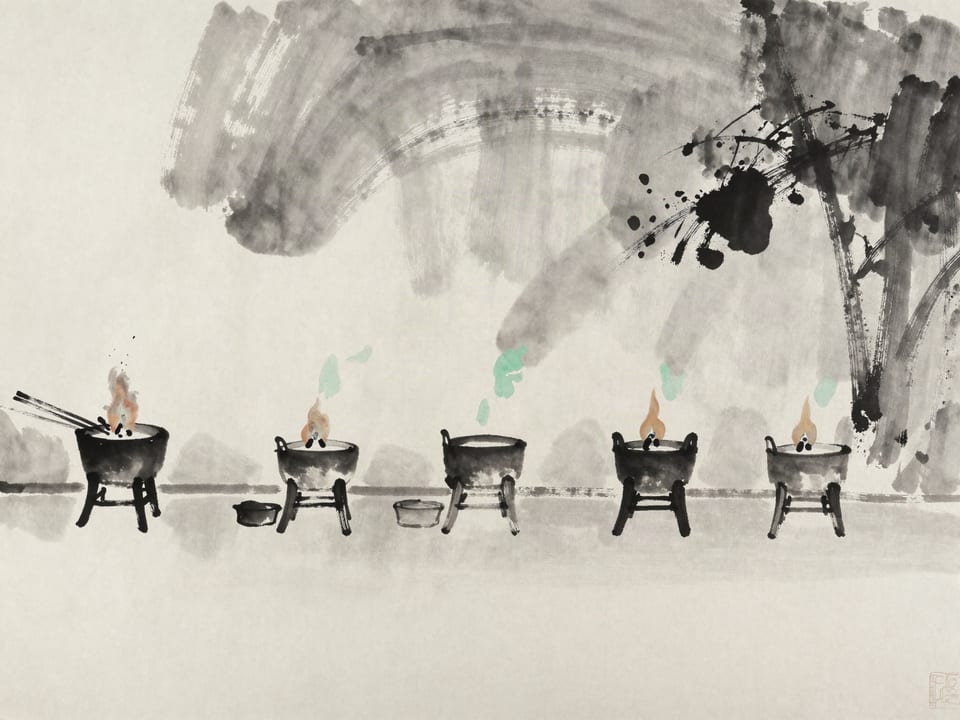 Ink wash painting: Five braziers on a wall, each burning a different fuel, one tended above the rest.