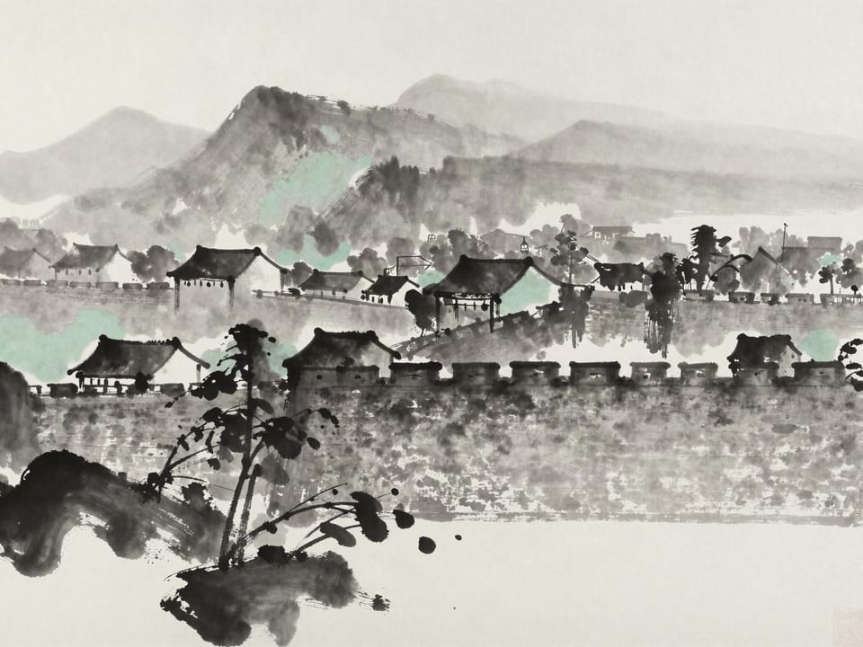 Ink wash painting: A city at night, walls patrolled, lamps trimmed, sleeping safely because someone watches.