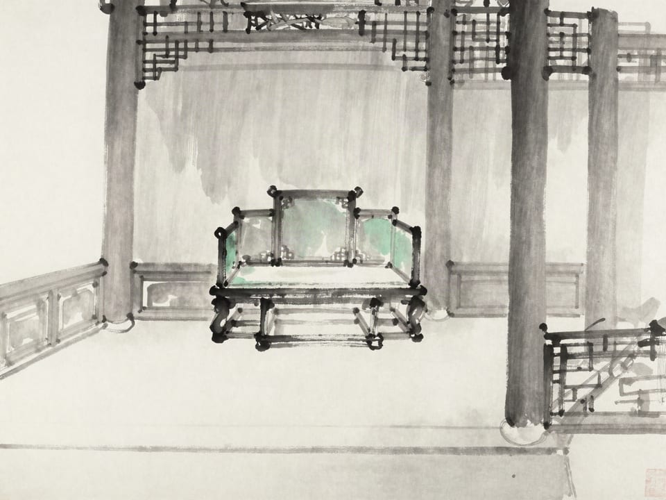 Ink wash painting: A fallen dynasty’s empty throne room, one beam of light on the dust, nothing else.