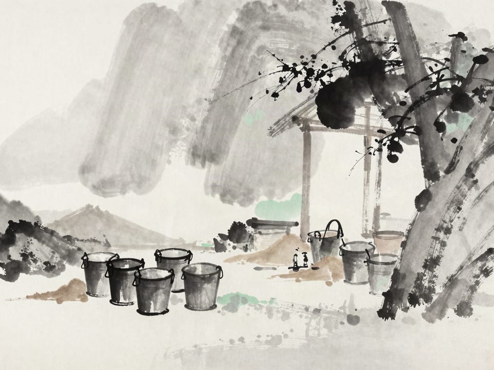 Ink wash painting: A fire brigade store: buckets ranked, sand dry, hooks oiled, waiting beside the quiet hearth.