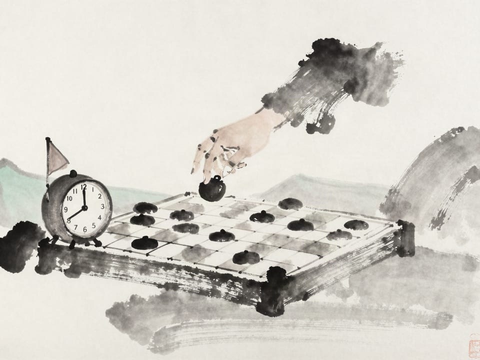 Ink wash painting: A chess clock with one side’s flag about to fall, the hand hovering over the decisive piece.