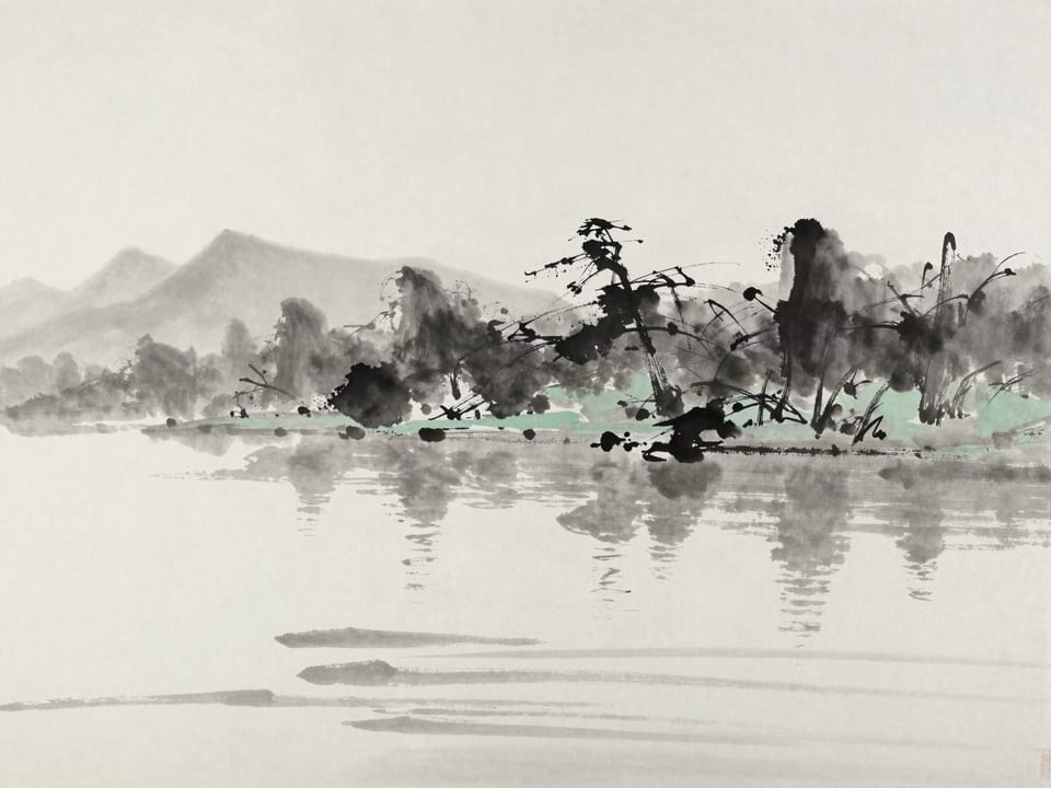 Ink wash painting: A night wind ruffling lake water briefly, the surface returning to stillness.