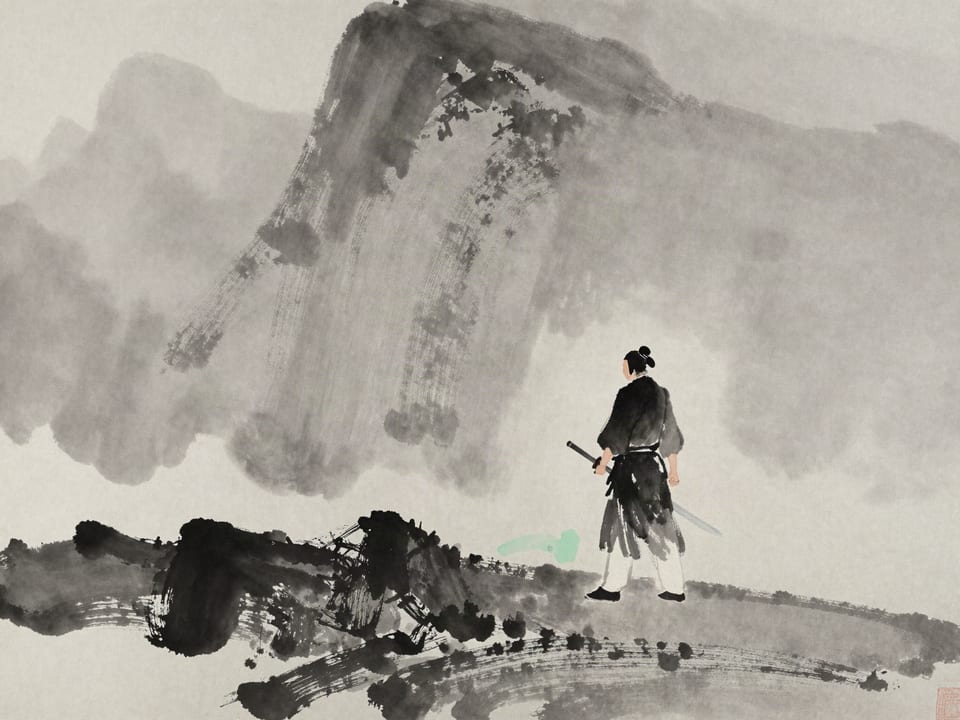 Ink wash painting: A swordsman sheathing his blade at an insult, the brawler’s fists useless against his calm.
