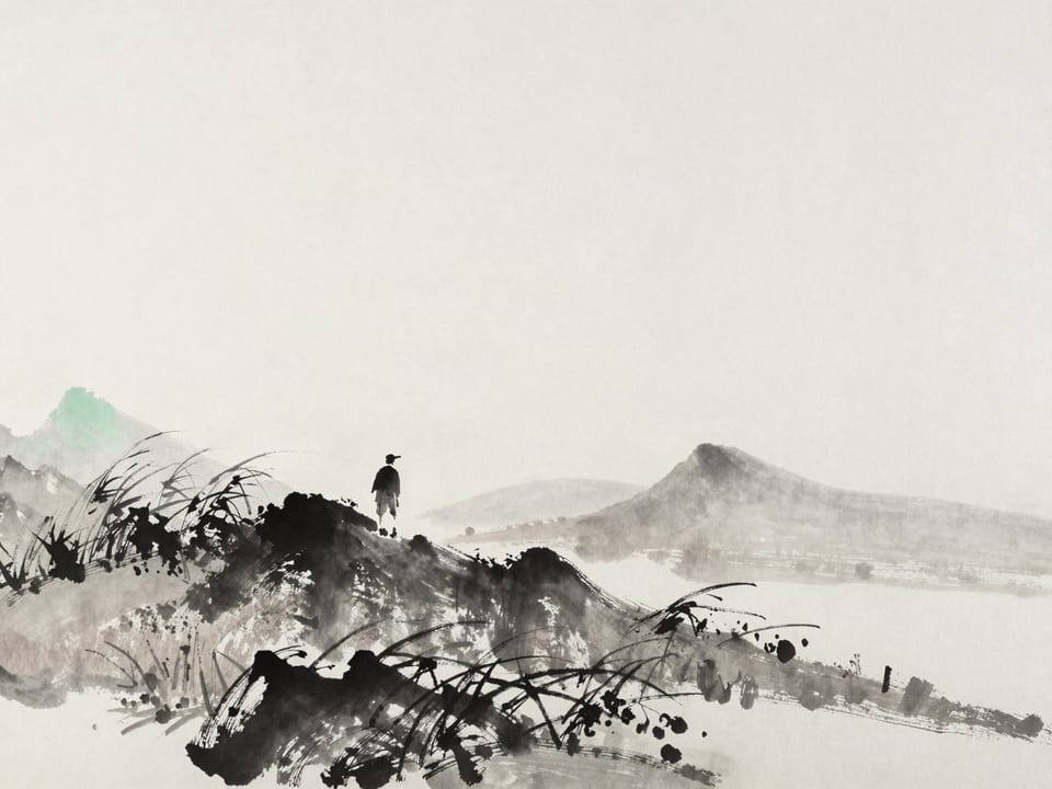 Ink wash painting: A hillside of dry autumn grass, wind rising, one figure watching the weathercock.