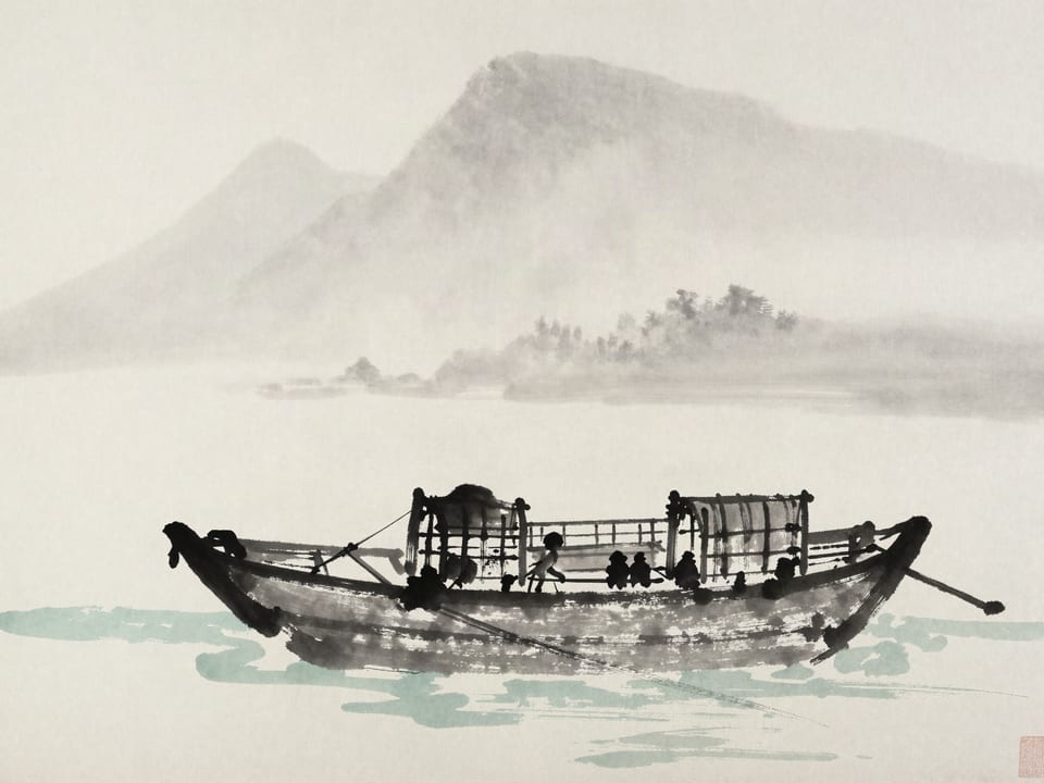 Ink wash painting: A ship built, provisioned, and crewed — yet still tied to the quay.