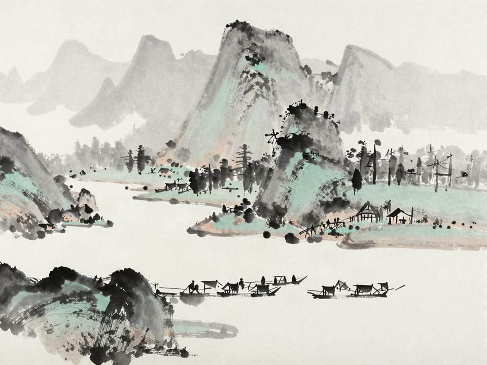 Ink wash painting: A river diverting an army’s path without drowning a single tent.