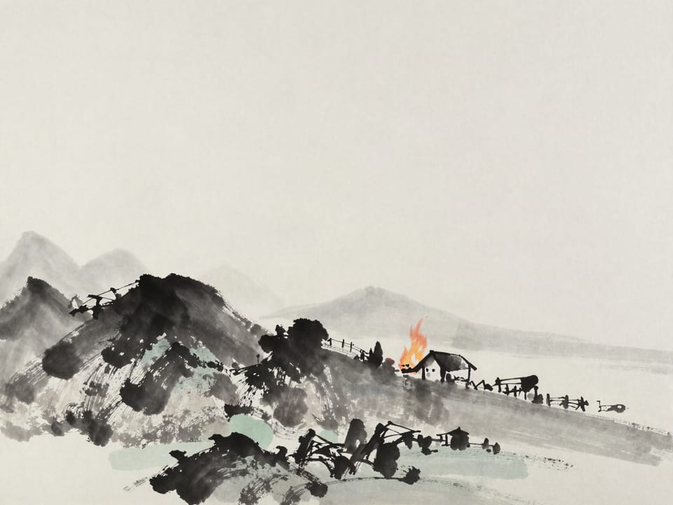 Ink wash painting: A fire set on the windward slope, flames leaning away from those who lit it, toward the far camp.