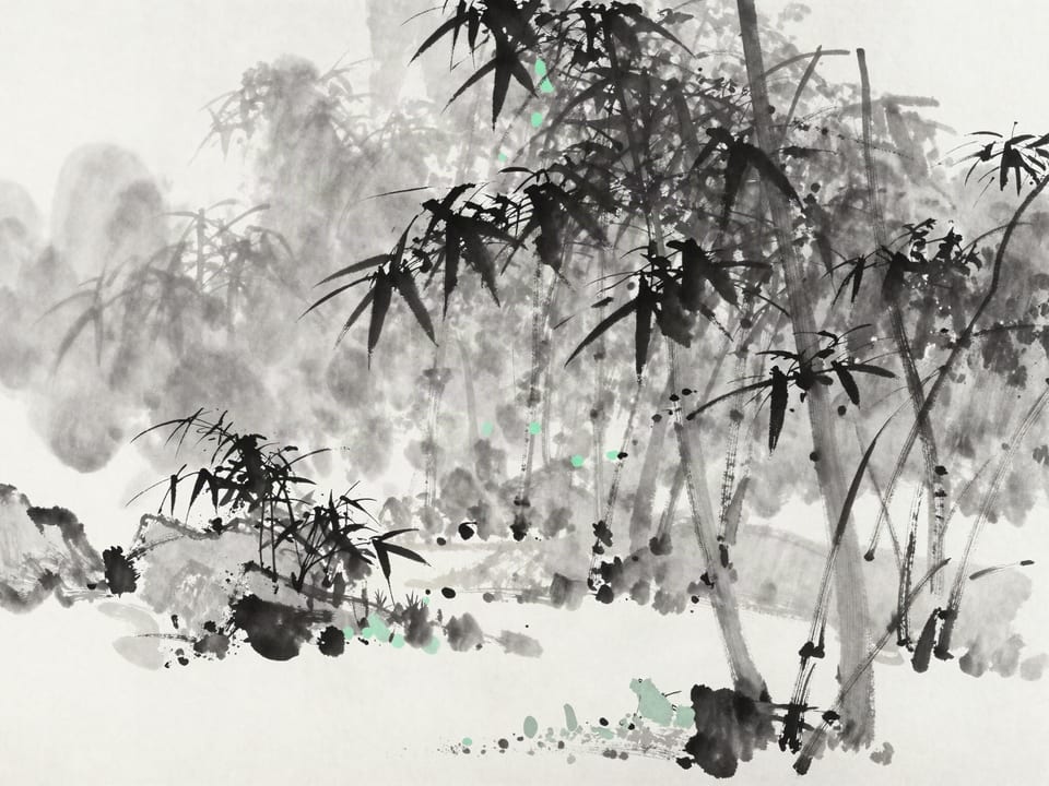 Ink wash painting: A dense bamboo grove with mist rolling through, the path ahead obscured and vanishing into white.