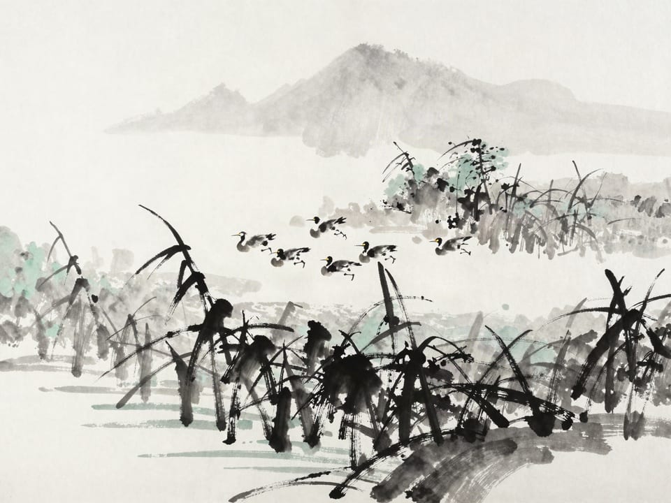 Ink wash painting: A flock of waterbirds bursting suddenly from still reeds, the hidden hunter below unseen.