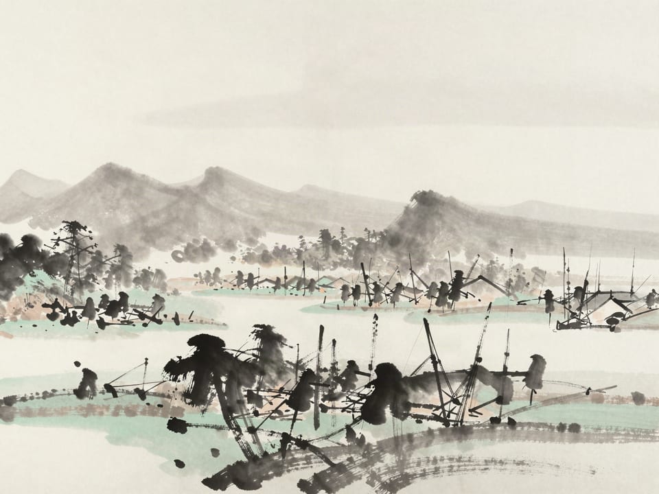 Ink wash painting: A drill yard at dawn: the same order called, the same response given, a hundred times without fail.