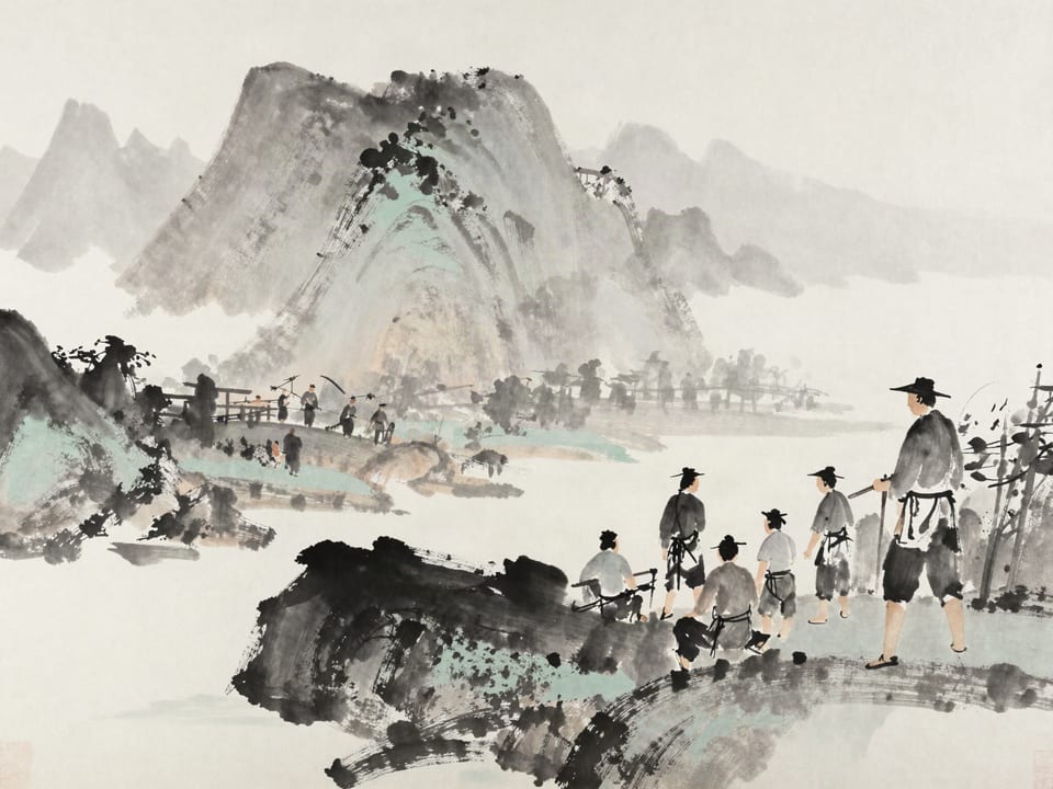 Ink wash painting: A captain standing aside as his crew works, trust given — and every order, when given, instantly obeyed.