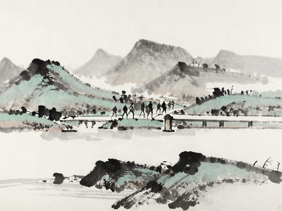 Ink wash painting: A column already miles beyond a river, marching into the hills, the crossing abandoned behind them.