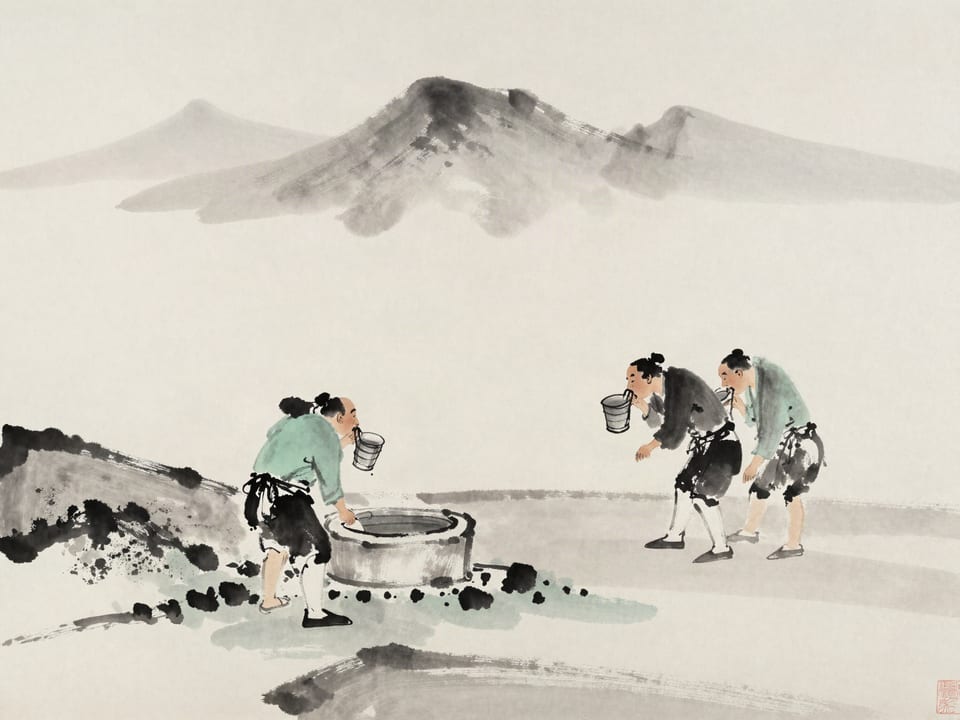 Ink wash painting: Water carriers at a desert well drinking first from their own buckets, throats parched.