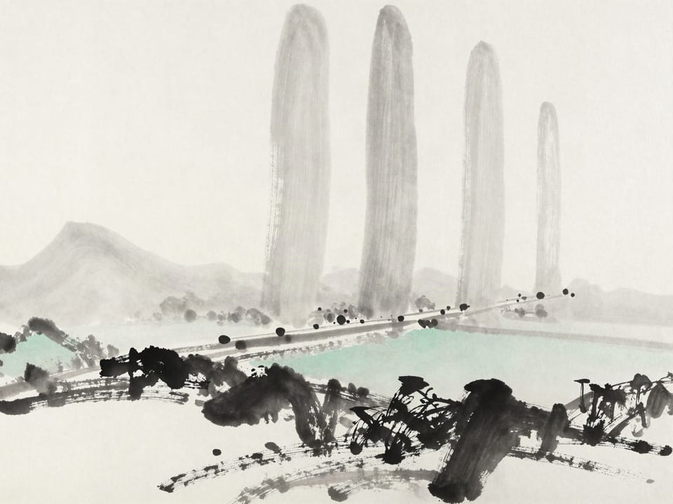 Ink wash painting: Columns of dust rising over a distant road, fine and high, the shape telling the story.