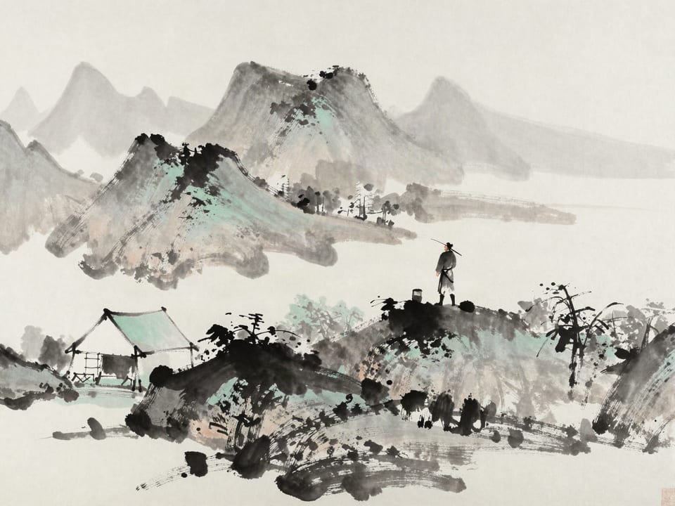 Ink wash painting: A commander on a rise studying the valley below before a single tent is raised.