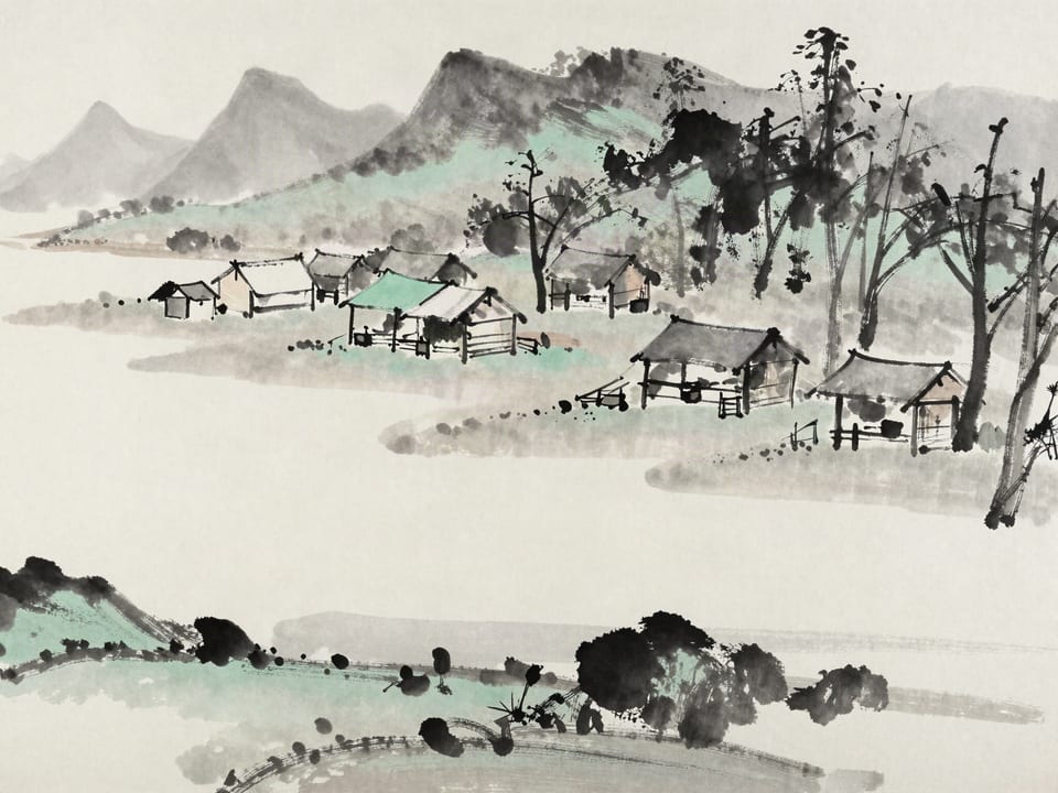 Ink wash painting: A camp on drained high ground, wells covered, latrines ordered, hard earth swept clean.