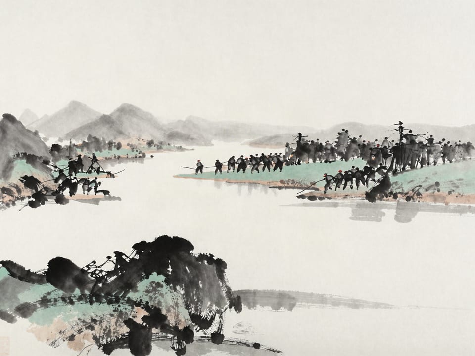 Ink wash painting: An army caught mid-river, half on each bank, the water high between them.