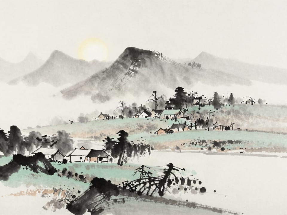 Ink wash painting: A camp settled on a bright hillside, morning sun full on it, fog pooled in the low dark valley.
