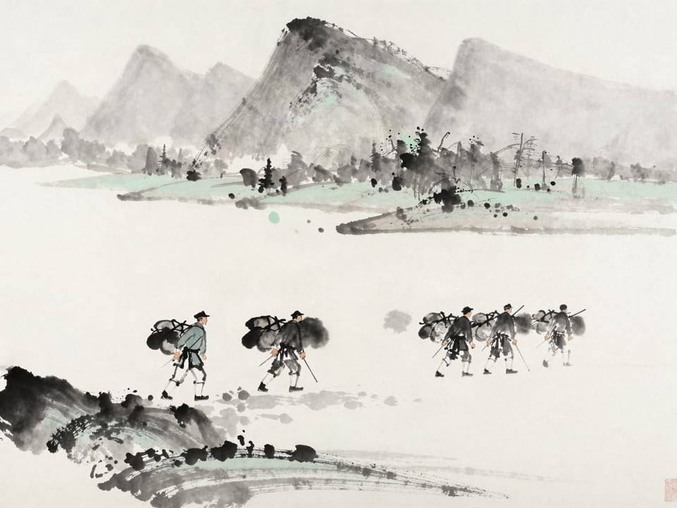 Ink wash painting: A senior officer sharing hardship at a river crossing, carrying a private’s pack, formation unbroken.