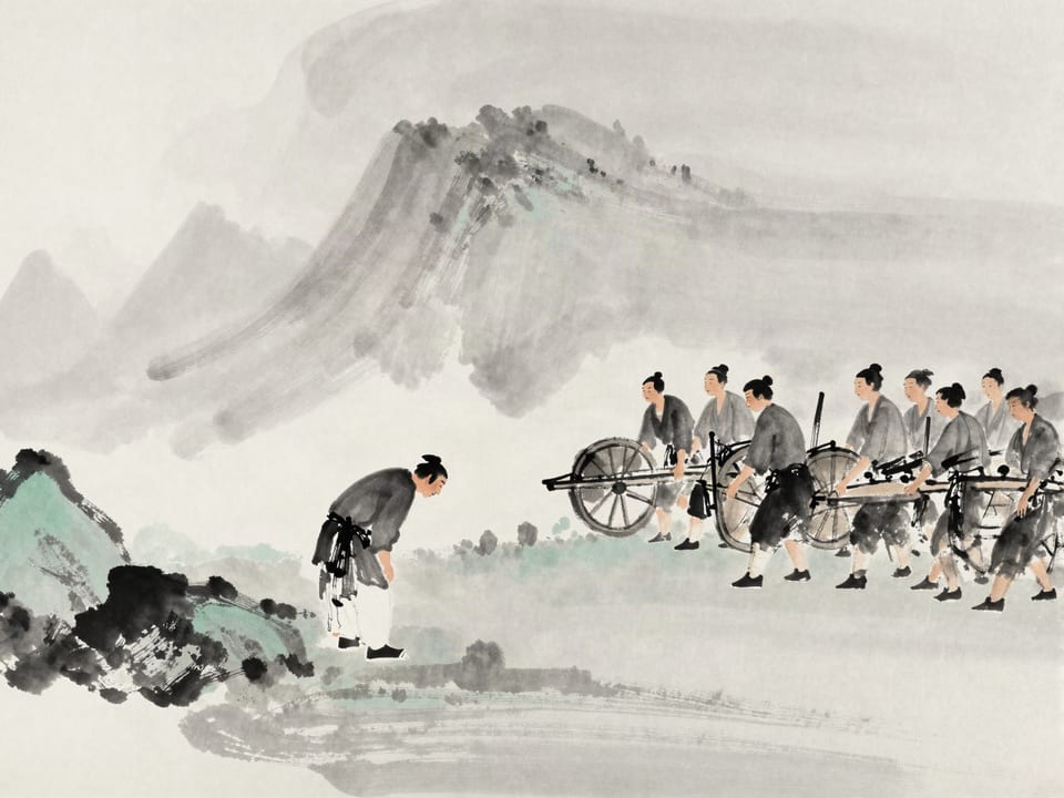 Ink wash painting: A diplomat bowing low with warm words while servants quietly load carts behind him.