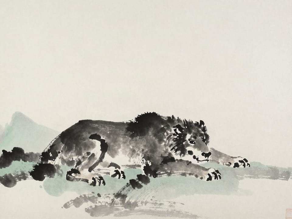 Ink wash painting: A great beast at rest in its own territory, unhurried while strangers pass far off.