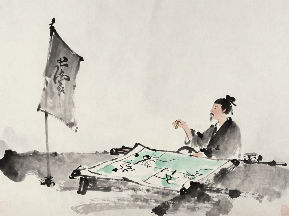 Ink wash painting: A commander tossing a captured banner aside carelessly, the map unread on his table.