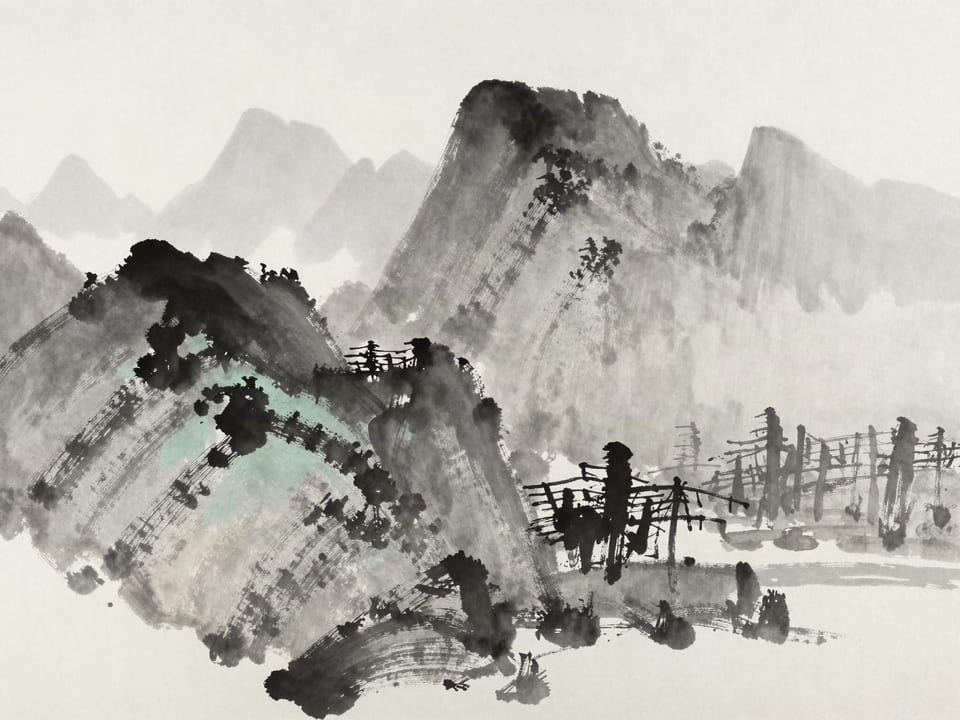 Ink wash painting: Two camps on opposite slopes, one in sunlight, one in the mountain’s shadow.