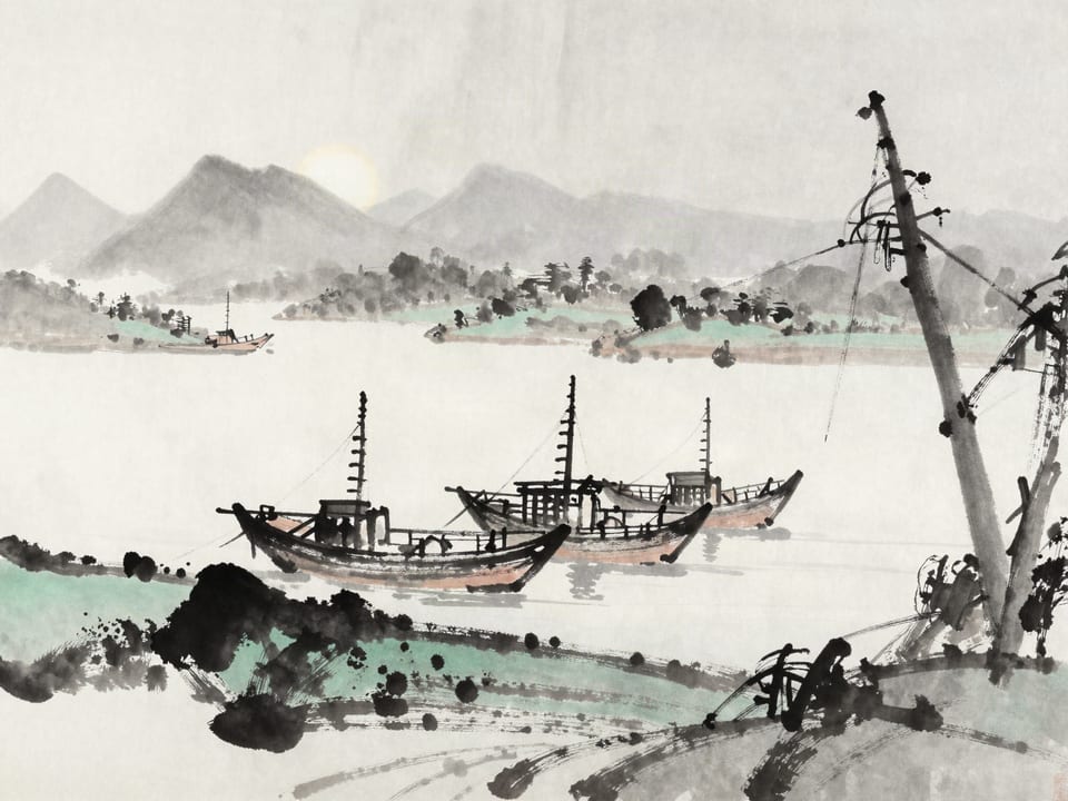Ink wash painting: War junks moored on the high upstream bank, the current and sun both at their backs.