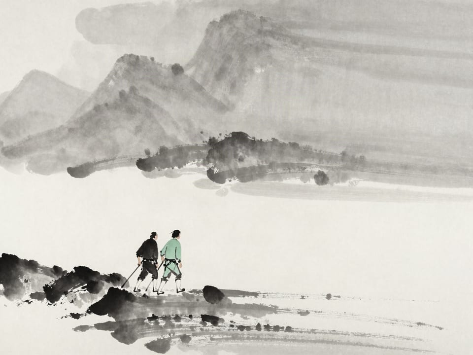Ink wash painting: Travelers pushing fast across a white salt flat, no rest, the horizon shimmering.