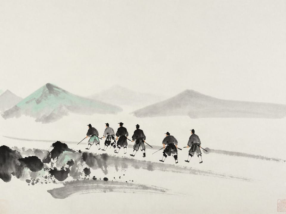Ink wash painting: Soldiers half advancing, half falling back along a road, the pattern too neat to be panic.