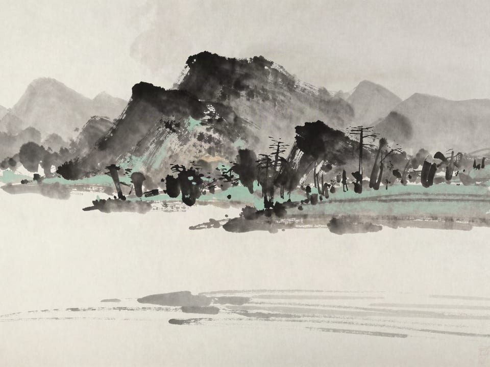 Ink wash painting: A calm lake at dusk hiding strong currents beneath, only faint ripples betraying the depth.