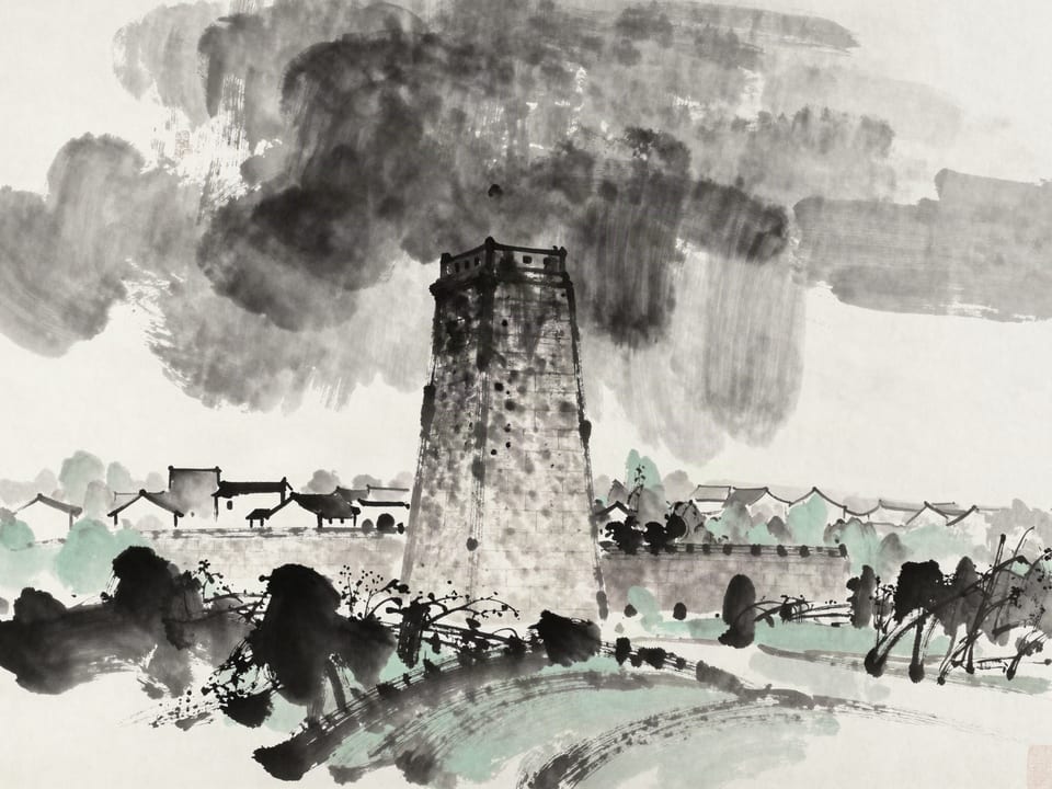 Ink wash painting: A single massive gate-tower holding firm against a storm, the city behind it sleeping peacefully.