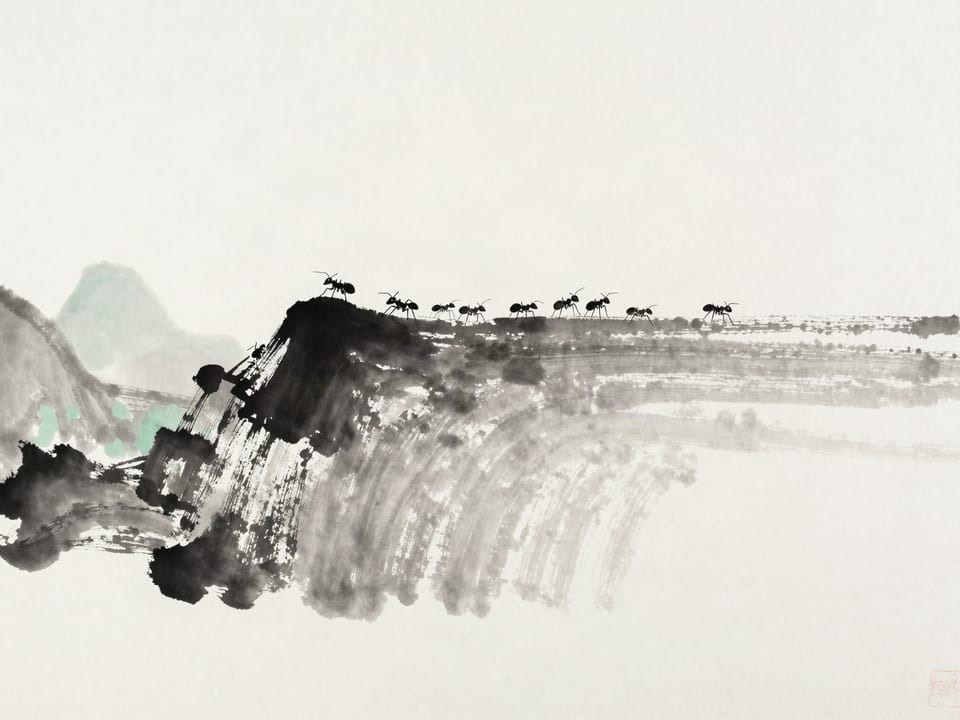 Ink wash painting: Ants swarming up a garden wall in a dark line, being washed away by a single wave of water.