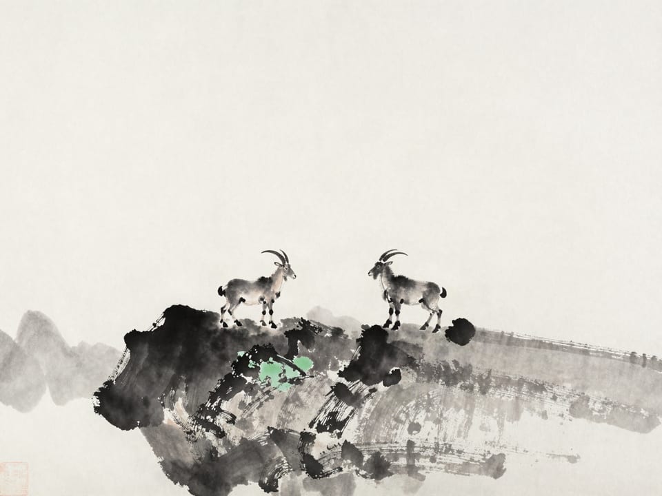 Ink wash painting: Two mountain goats facing each other on a narrow ridge, neither moving, a long drop between them.