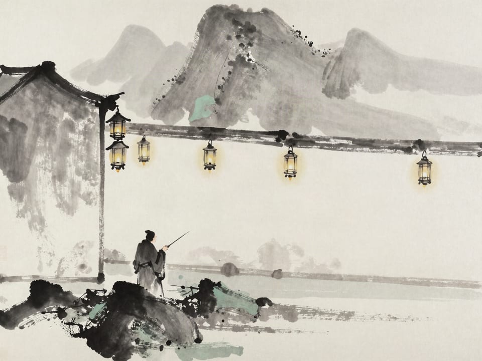 Ink wash painting: Five lanterns burning steadily on a temple wall, one guttering, a monk trimming its wick.