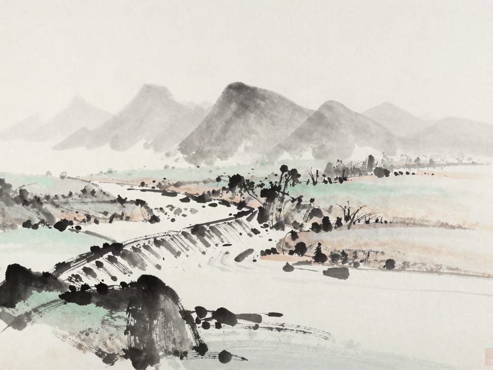 Ink wash painting: A dam holding back a river before it can form, dry channels downstream where the flood never came.