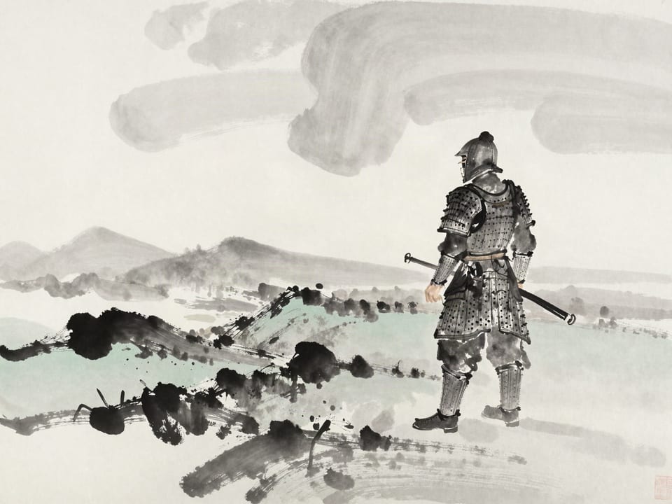 Ink wash painting: A mirror standing on a battlefield between two empty suits of armor, reflecting the sky.