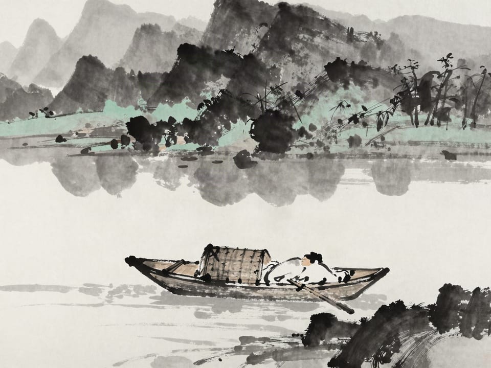 Ink wash painting: A traveler asleep in a boat drifting on a dark river, oars shipped, current deciding the course.