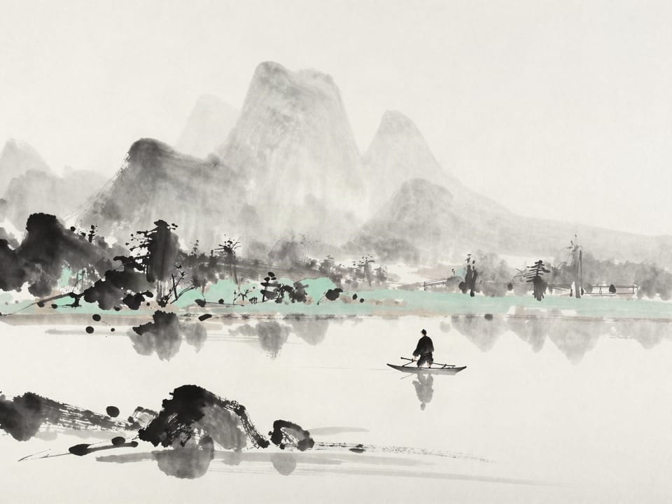 Ink wash painting: A swordsman examining his own reflection in still water, the far bank lost in fog.