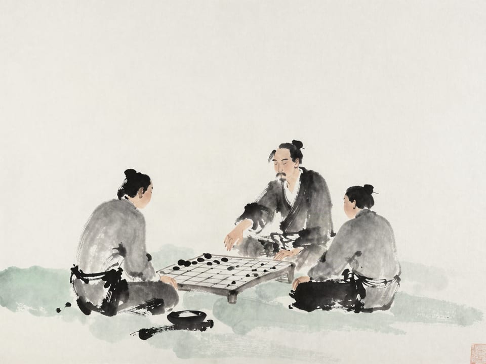 Ink wash painting: A chess master resting his hand quietly on a finished board, opponent already bowing.