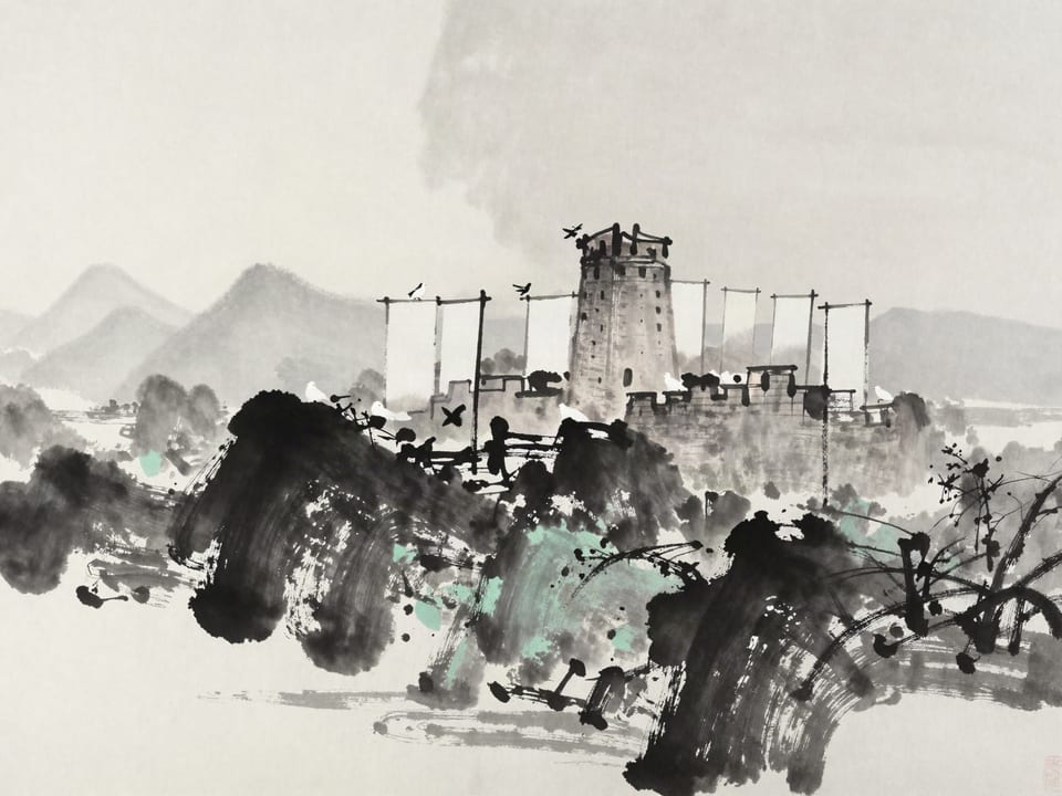 Ink wash painting: A city surrendering under white banners at dawn, no smoke, no broken walls, doves circling the tower.