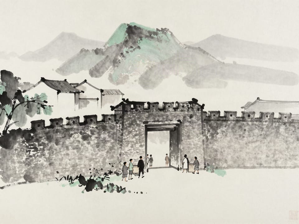 Ink wash painting: A general receiving the keys of a city at its open gate, walls unbroken, people watching calmly from doorways.
