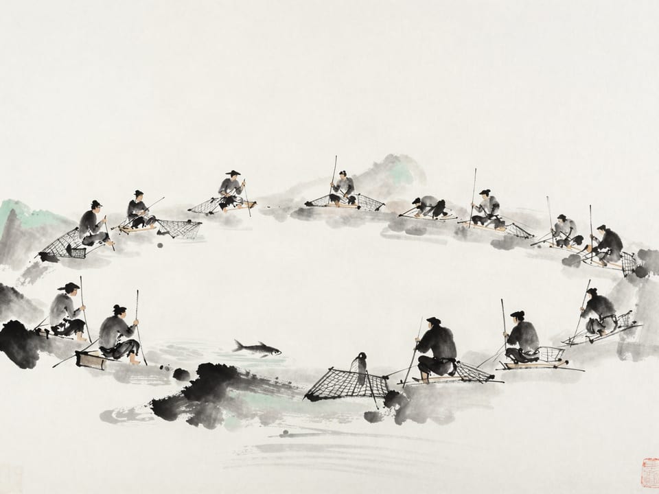Ink wash painting: Ten fishermen with nets arrayed in a wide circle around a small pond, one fish beneath the surface.