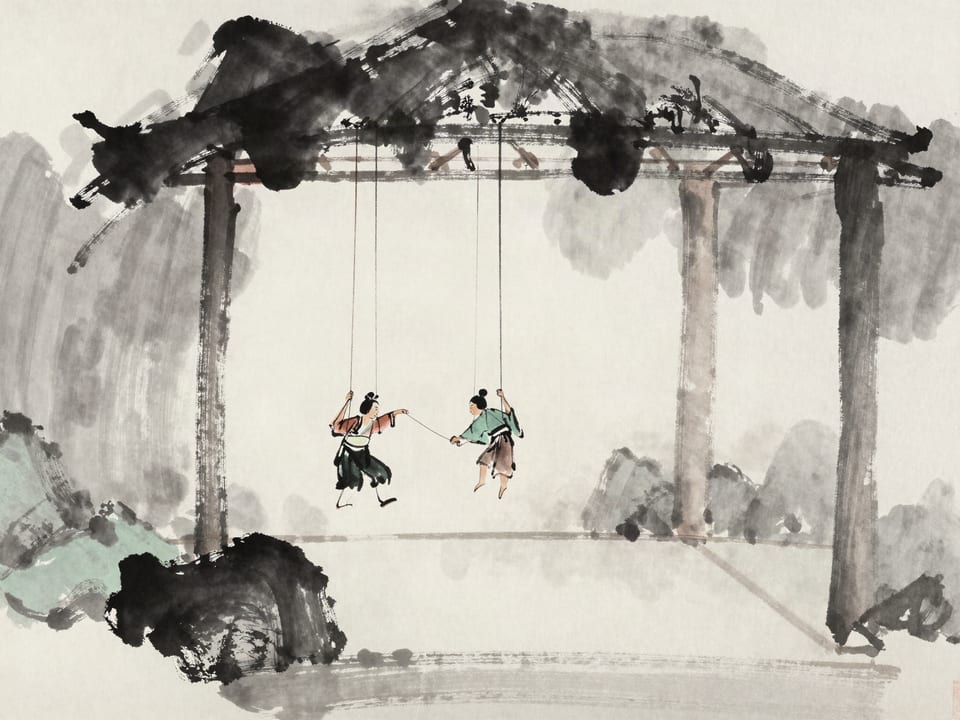 Ink wash painting: A puppeteer’s hands tangled in his own strings above a stage, the puppets slumped.