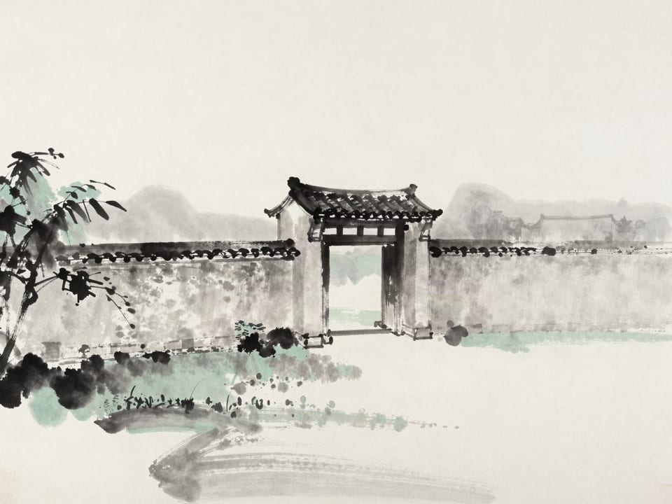 Ink wash painting: A quiet unguarded side gate in a long garden wall, slightly ajar, while the great gate stands fortified far away.