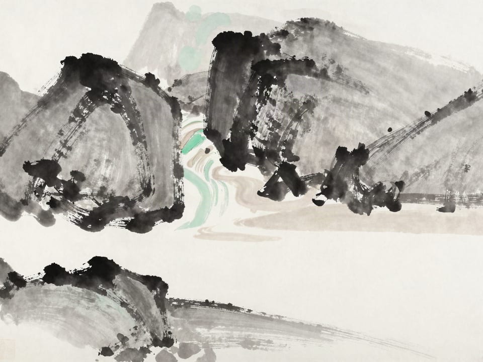 Ink wash painting: Water flowing around a massive boulder and cutting a deep channel through soft sand beside it.