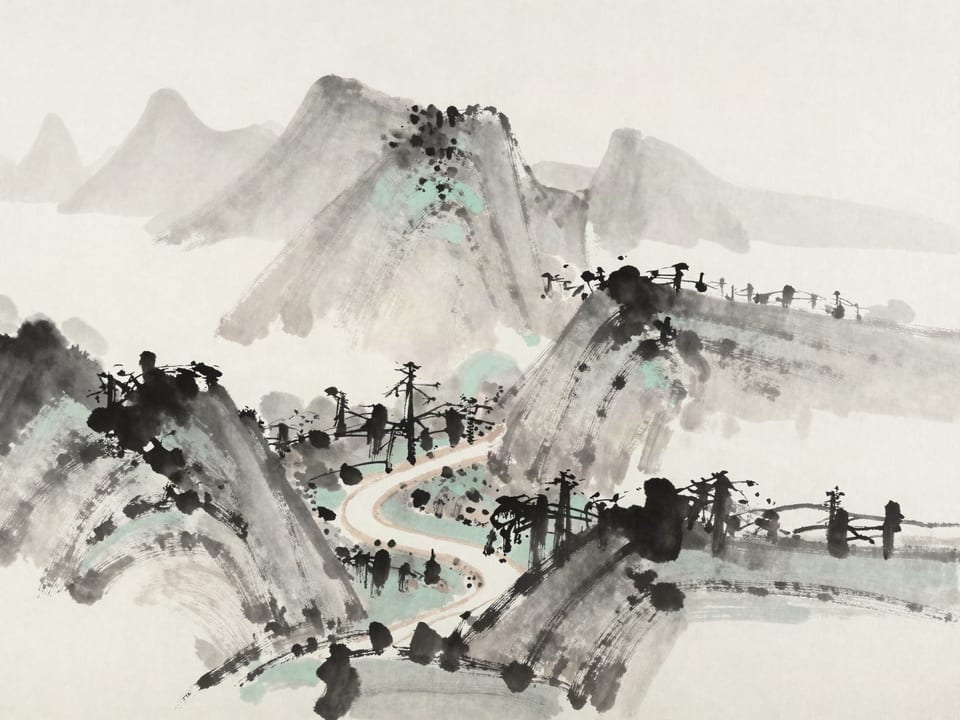 Ink wash painting: Interlocking mountain paths seen from high above, splitting and rejoining, none revealing where they lead.