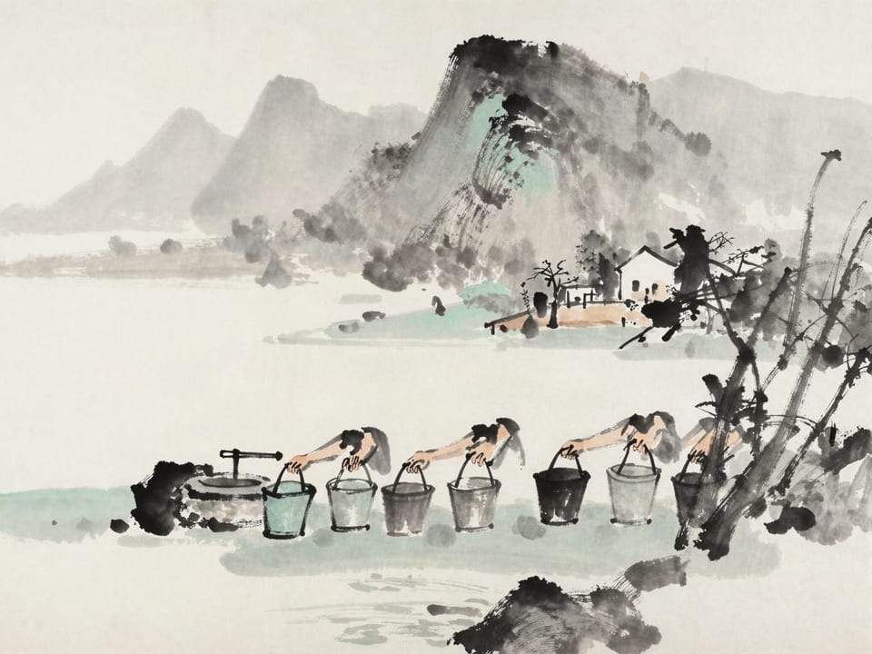 Ink wash painting: Many hands passing buckets along a line from a well to a burning building.